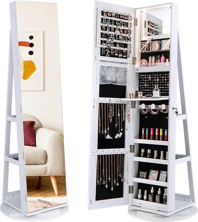 GOFLAME 360° Rotating Jewelry Cabinet with Full-Length Mirror, Freestanding Jewelry Armoire with 3-Color LED Light and Back Storage Shelf, Lockable Jewelry Organizer for Bedroom Cloakroom, White
