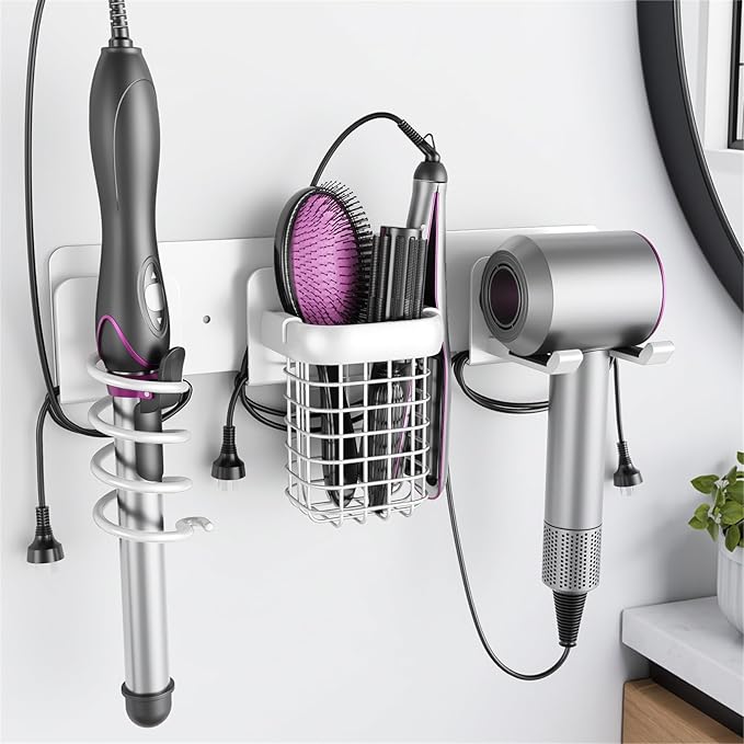 Tindbea Upgraded Aluminum Alloy Hair Dryer Holder Wall Mounted with Built-in Cord Wrap,3-in-1 Hair Tool Organizer for Blow Dryer, Curling Iron, and Straightener, White