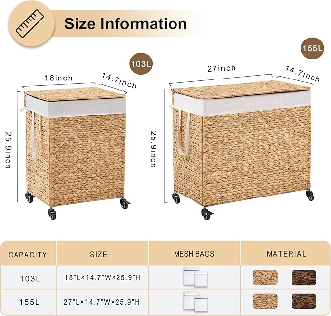 2-Section Laundry Hamper with Lid, Large Capacity Woven Natural Water Hyacinth Laundry Sorter with Removable Liners, Rolling or Non-Slip Design for Bedroom(Natural, 2-Section)