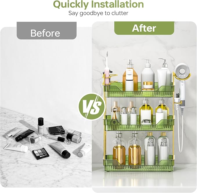 Bathroom Counter Organizer with Hair Dryer Holder and Toothbrush Holder, Acrylic Vanity Tray for Skincare, Perfume, Makeup Storage on Countertop ＆ Dresser (Green, 3-Tier)