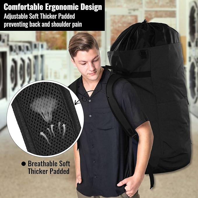 Laundry Bag Backpack, 125L Extra Large Laundry Backpack with Shoulder Straps, Adjustable Extendable Laundry Hamper Bag with 3 Pockets for College, Travel, Camping (Black)