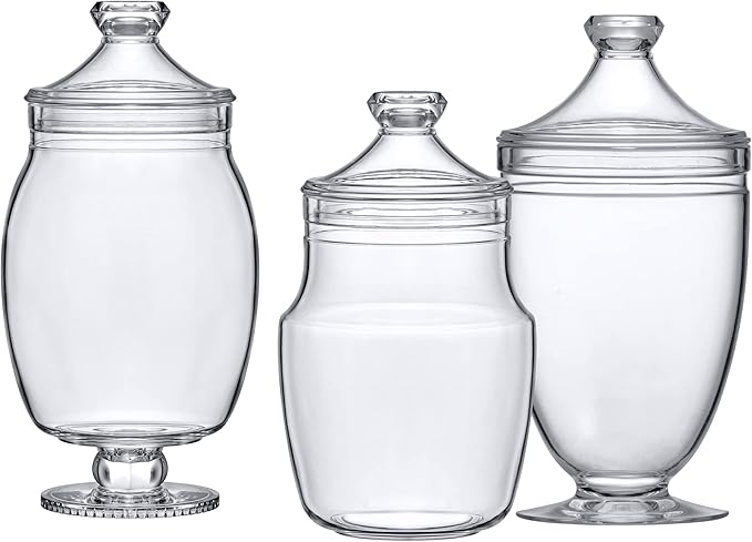 Amazing Abby - Keep - Acrylic Apothecary Jars (3-Piece Set, 52/50/46 oz) (NOT Glass), Plastic Jars with Lids, Bathroom Canisters, Candy Buffet, Wedding Display, BPA-Free and Shatter-Proof