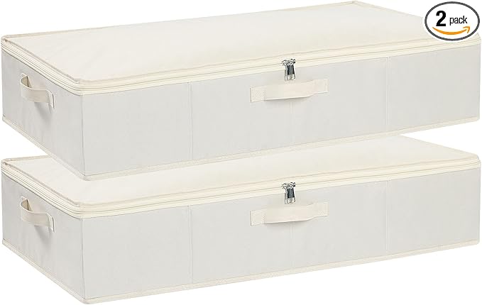 Under Bed Storage Containers, Storage Bins With Lids, Clothes Organizers With Sturdy Structure and Reinforced Handles, Beige, 2 Pack, 31.5 x 15.7 x 5.9 Inch