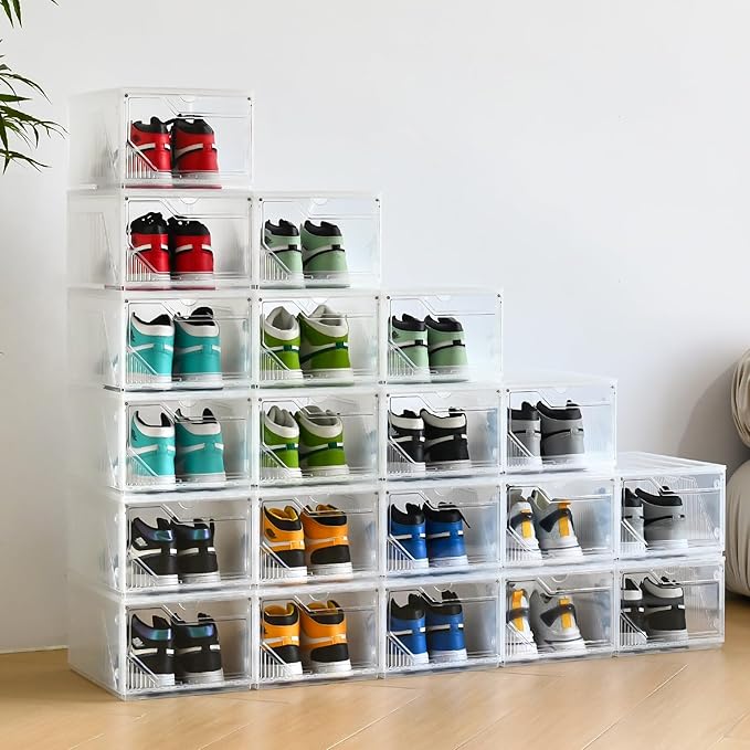 Foldable Shoe Organizer,Shoe Storage Organizer,10 Pack Shoe Box Clear Plastic Stackable,Drop Front Shoe Box with magnetic Door, Containers For Sneaker,Fit up to US Size 15 (X-Large 6pack)