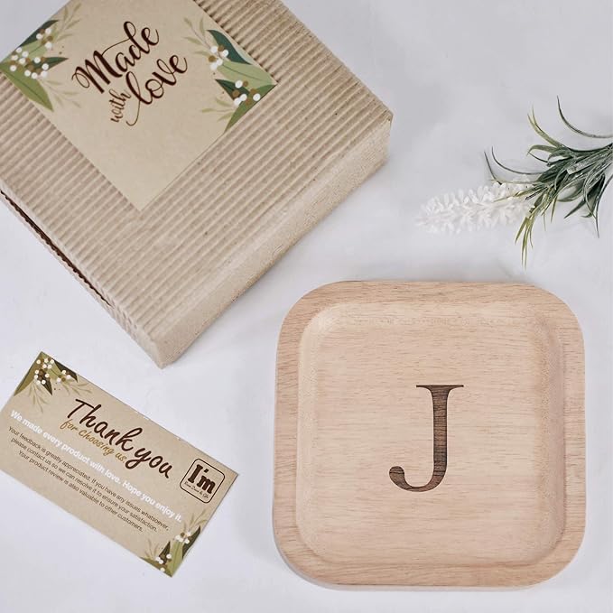 I'm Wooden Personalized Letter Catchall Valet Tray Trinket Dish Jewelry Tray Key Bowl Decorative Plate Organizing Ring Earrings Necklaces Bracelet Watch Coins Wallet Holder (6"x6" Sq Natural J)