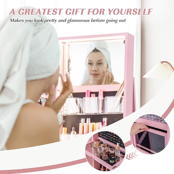 GOFLAME 360° Rotating Jewelry Cabinet with Full-Length Mirror, Freestanding Jewelry Armoire with 3-Color LED Light and Back Storage Shelf, Lockable Jewelry Organizer for Bedroom Cloakroom, Pink