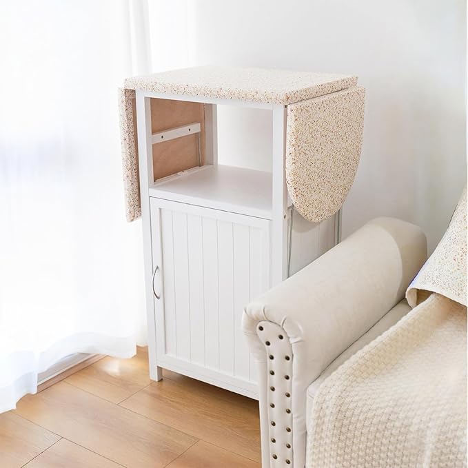 Ironing Board with Storage Cabinet, Folding Ironing Board with Extra Storage, Solid Wood Fold Down Ironing Station with Heat-Resistant Sponge for Small Spaces, Laundry Room (Antique White)