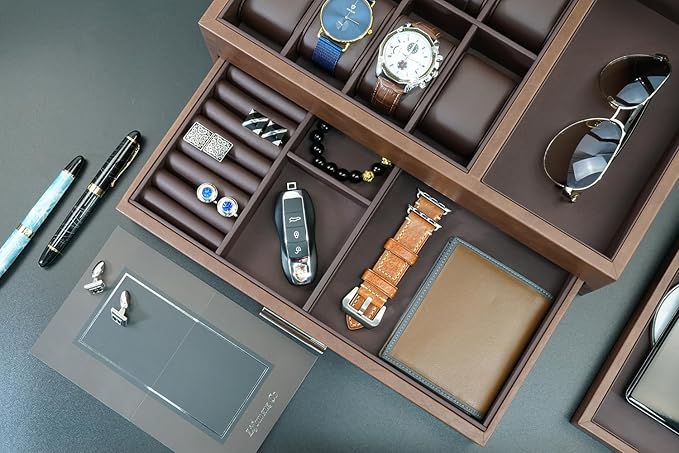 Men's Jewelry Box Organizer with Charging Station & Drawer - Premium Valet Tray for Watch, Phone, Wallet Storage - Brown