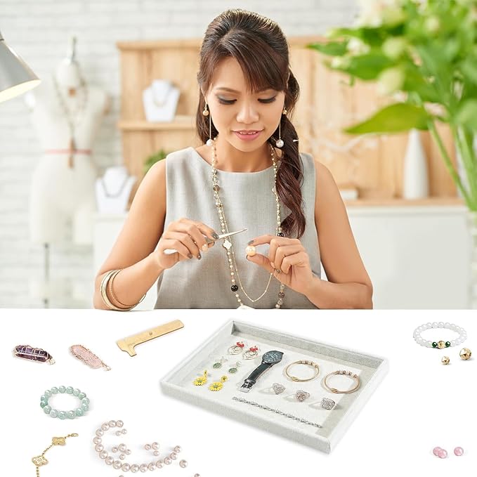 2pcs/Set Velvet Jewelry Tray, Grids Large Storage Tray for Bracelet Bangle Beads Display, Jewellery Organizer Box Tray for Home Drawer or Shop Store Selling Show (Grey Velvet)