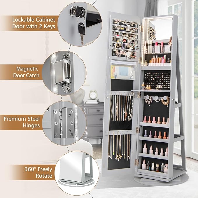 CHARMAID 360° Swivel Jewelry Armoire with Full Length Mirror, Rear Storage Shelves, Lockable Standing Jewelry Cabinet Organizer with Interior Vanity Mirror and 3-Color Lights (Gray)