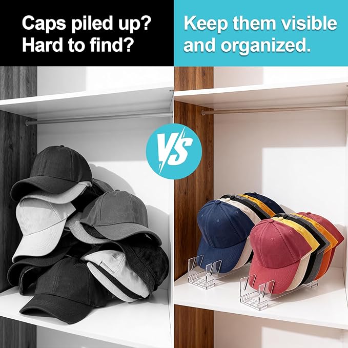2 Pack Acrylic Hat Organizer for Baseball Caps, Clear Hat Stand for Closet Dresser Bedroom and Shelf - Non-Slip Cap Holder Displays and Holds Up to 14 Tennis or Trucker Hats