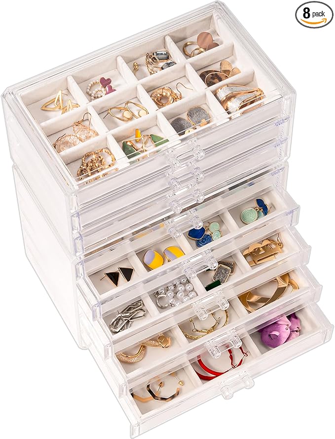 ProCase Earring Holder Organizer Jewelry Box with 8 Drawers, Acrylic Clear Earring Case with Adjustable Velvet Trays for Women - Warmwhite,8 Layers