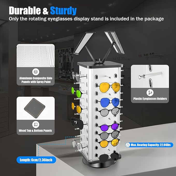 40 Pairs Sunglasses Holder Organizer, Rotating Glasses Display Stand Metal Sunglasses Display Stand With Mirror, Rotating Eyeglasses Holder Stand Countertop Sunglasses Rack (Square)