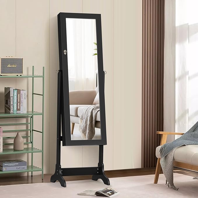 COSTWAY Standing Jewelry Armoire Cabinet, 4-Angle Tilting Jewelry Organizer with Full-Length Mirror and Large Storage Capacity, Lockable Jewelry Cabinet for Bedroom, Dressing Room (Black)
