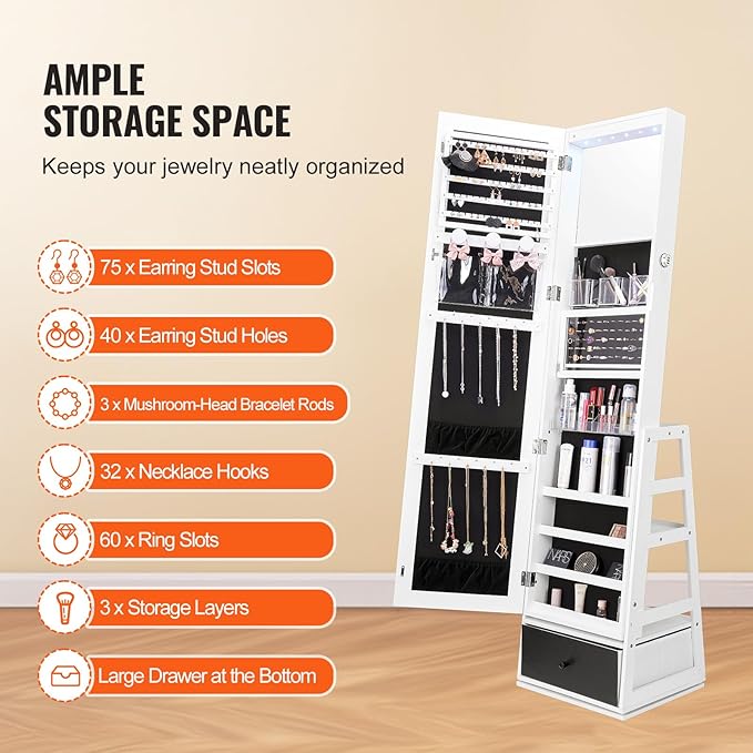 VEVOR 360° Swivel Jewelry Cabinet Armoire, 63-Inch Tall Lockable Jewelry Organizer with Full-Length Mirror, LED Light, Velvet Lining, Drawer, Freestanding, White