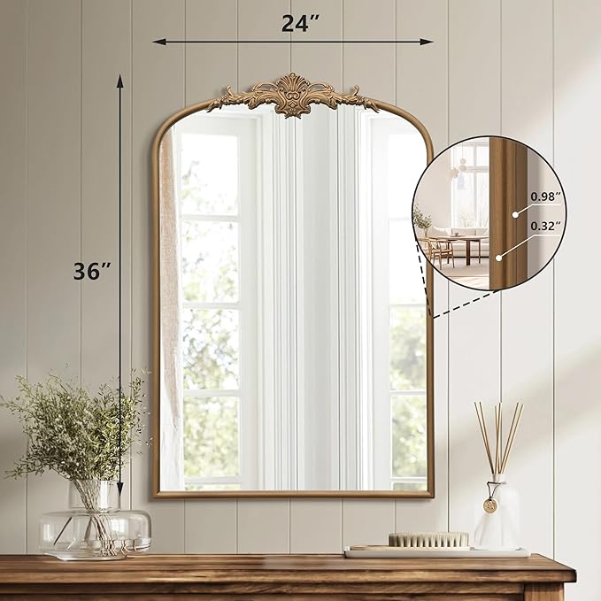 Besdomus Antique Gold Arched Mirror: 24"x36" Large Arch Gold Vintage Wall Mounted Mirror - Traditional Ornate Home Decor for Entryway/Fireplace/Bathroom/Bedroom - Idea for Fashion-Conscious
