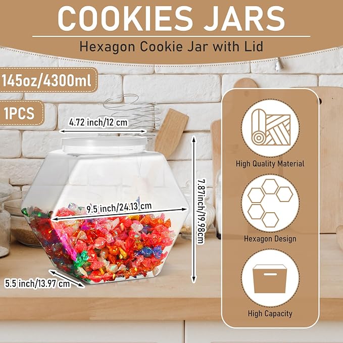 Uiifan 1 Piece Plastic Candy Jar with Lid Cookie Jar Clear Hexagonal Fish Bowls Containers for Snacks, Dog Food, Desk Pet, Craft and Sewing Supplies, Coffee Pod, Laundry Pod Storage Display(145 oz)
