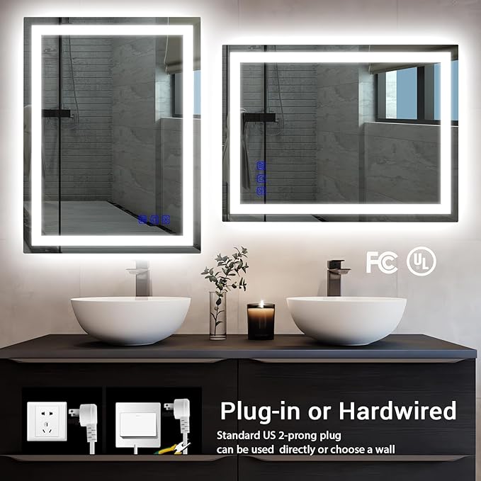32"x24" LED Bathroom Mirror with Lights Front & Backlit Vanity Mirror,Double Light bar Smart Wall-Mounted Design,Adjustable Warm White/Natural/Daylight,Anti-Fog,Shatterproof,Memory Function