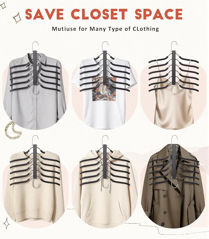 Clothes Hangers Space Saving 6 Tier Coat Hangers, Swing Arm Non Slip Padded Multi Sweater & T Shirt Hangers, 3 Packs Heavy Duty Stainless Steel Sweater Closet Organizers and Storage