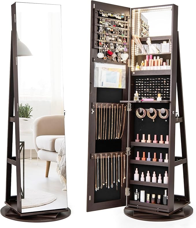 GOFLAME 360° Rotating Jewelry Cabinet with Full-Length Mirror, Freestanding Jewelry Armoire with 3-Color LED Light and Back Storage Shelf, Lockable Jewelry Organizer for Bedroom Cloakroom, Espresso