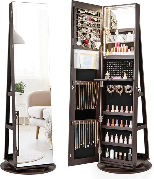 GOFLAME 360° Rotating Jewelry Cabinet with Full-Length Mirror, Freestanding Jewelry Armoire with 3-Color LED Light and Back Storage Shelf, Lockable Jewelry Organizer for Bedroom Cloakroom, Espresso
