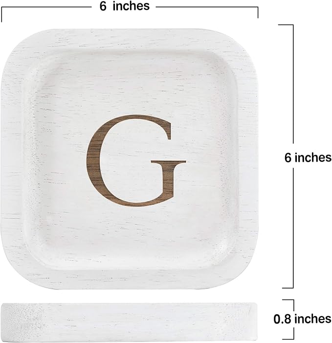 I'm Wooden Personalized Letter Catchall Valet Tray Trinket Dish Jewelry Tray Key Bowl Decorative Plate Organizing Ring Earrings Necklaces Bracelet Watch Coins Wallet Holder (6"x6" Sq White G)