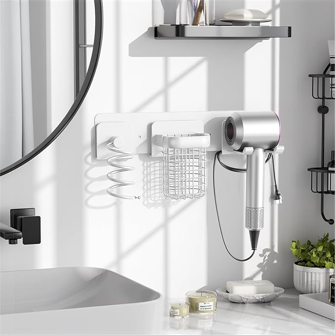 Tindbea Upgraded Aluminum Alloy Hair Dryer Holder Wall Mounted with Built-in Cord Wrap,3-in-1 Hair Tool Organizer for Blow Dryer, Curling Iron, and Straightener, White