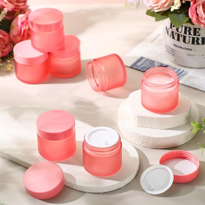 Domensi 48 Pcs 2 oz Glass Jars with Lids Travel Size Round Leakproof Empty Cosmetic Jars with Inner Liners Lid for Storing Makeup Lotions Face Cream Ointments Candle DIY Making (Pink)