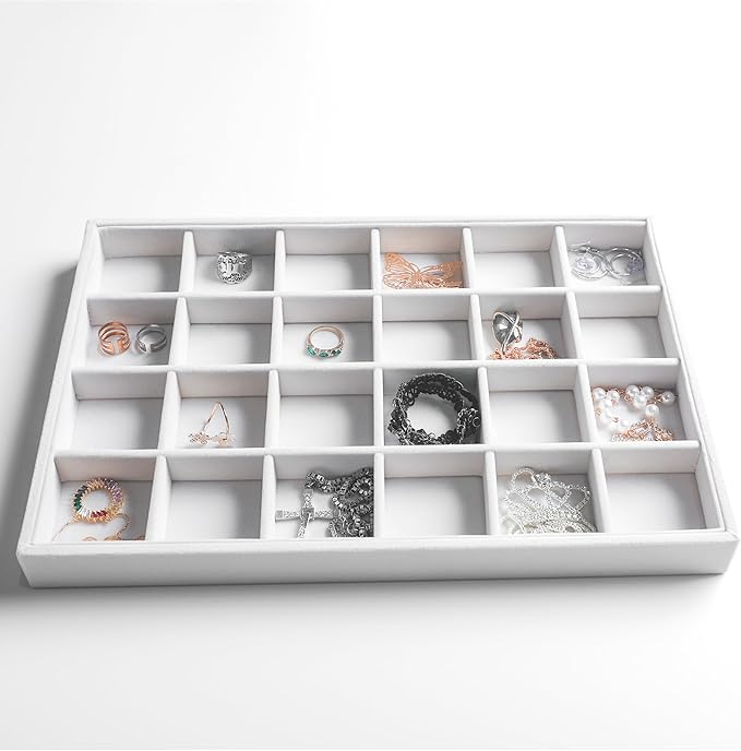 Frebeauty Stackable Velvet Jewelry Organizer Trays for Drawers Inserts Jewelry Storage Tray Display Case, Stud Earrings Bracelets Necklace Rings Accessories Trays for Women(Set of 4)(White)