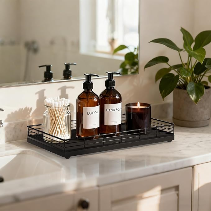 Large Bathroom Vanity Tray – 13" x 8" Oak Decorative Wooden Tray for Bathroom Countertop & Vanity Organizer, Rectangular Wood Tray for Perfume, Skincare, Storage, Vanity Dresser Counter Decor, Black