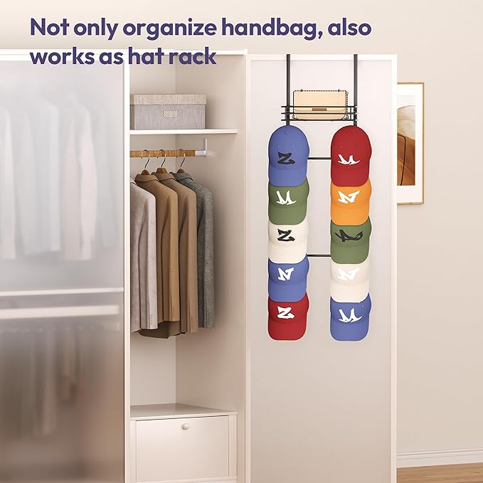 SWTYMIKI Over The Door Purse Organizer - Wall Mounted Handbag Organizer with 10 Hooks and Metal Basket, Hanging Purse Storage Rack Holds up to 10 Bags, Bag Rack Can Use As 1/2 Part, for Door, Closet