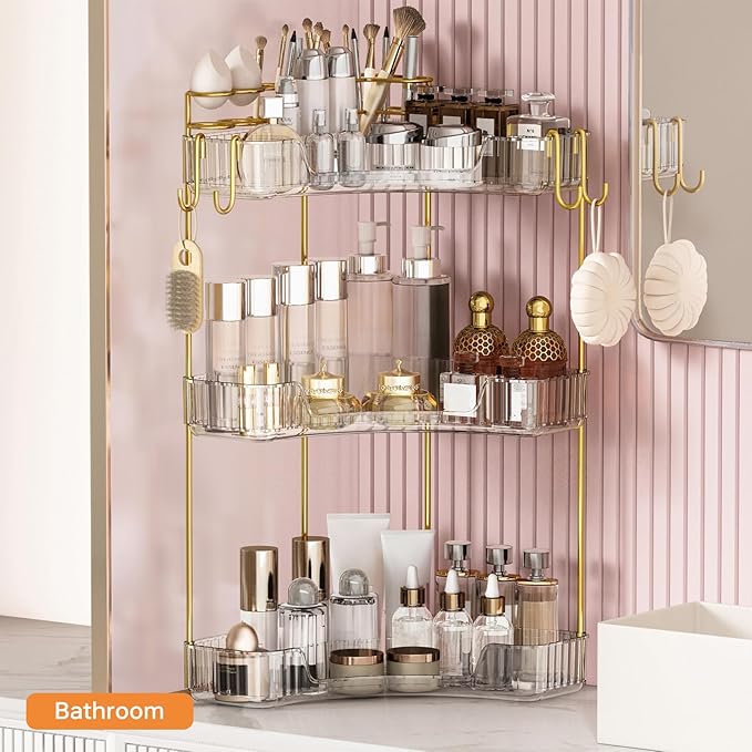 3-Tier Corner Bathroom Counter Organizer，Makeup & Skincare Shelf with Built-in Brush Holder，Space-Saving Bathroom Countertop Organizer for Skincare, Perfume, Cosmetics(Green)