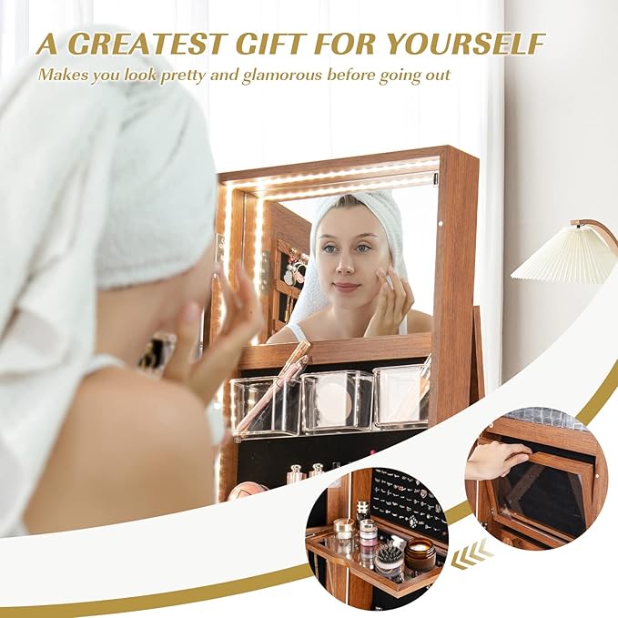 GOFLAME 360° Rotating Jewelry Cabinet with Full-Length Mirror, Freestanding Jewelry Armoire with 3-Color LED Light and Back Storage Shelf, Lockable Jewelry Organizer for Bedroom Cloakroom, Walnut