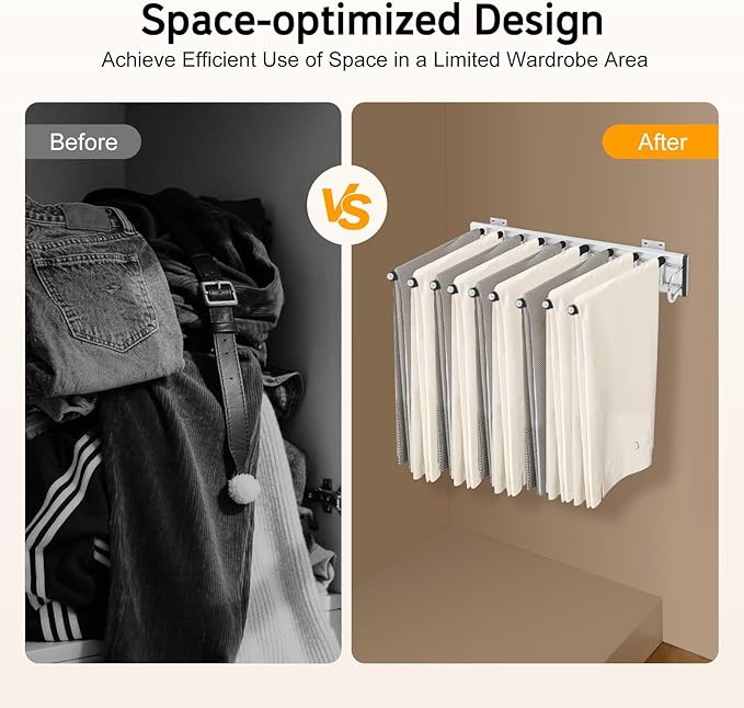 9 Arms Steel Slide Out Pants Rack Closet Pants Hanger Bar Pull Out Trousers Rack Tie Belts Scarf Racks, Wardrobe Clothes Organizers Rail Pull Out Closet Storage Rod-(Right Side Mounts)