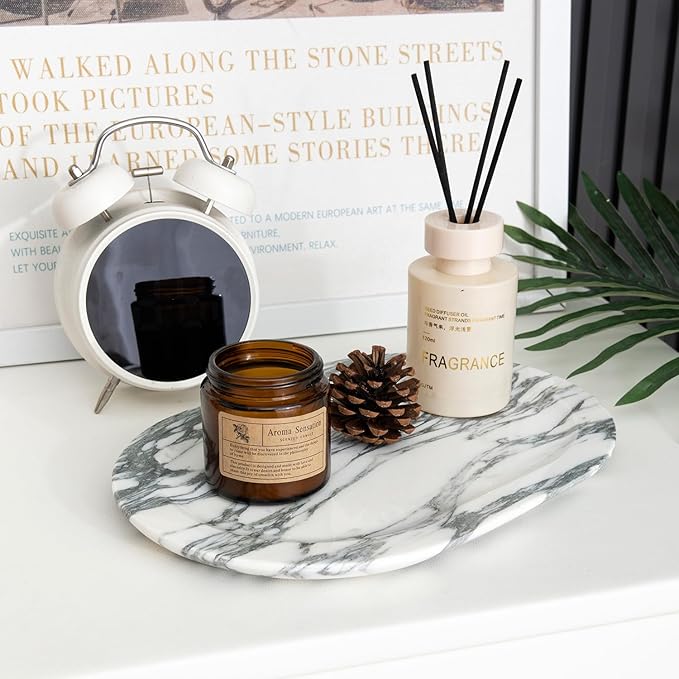 Natural Marble Decorative Tray Bathroom Counter Perfume Organizer Vanity Tray for Home Decor, Jewelry Candle, Coffee Table, Soap Holder Dresser Countertop Accessories 8"x11" Arabescato