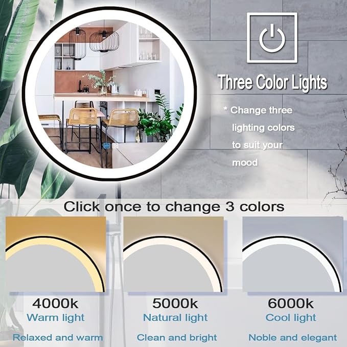 36 Inch Black Frame Round Lighted Mirror for Bathroom Salon Wall Black Round LED Vanity Mirror with Lights 3 Color Adjustable Brightness AntiFog 36" BlackFramed Circle Smart Light up Mirrors