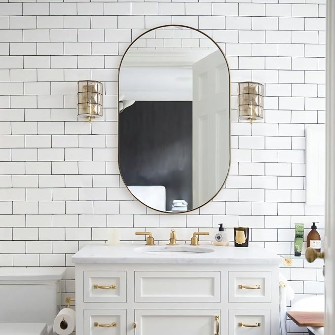 Andy Star Brass Oval Mirror, 24x40 Inch Bathroom Mirror Gold, Brass Vanity Mirror, Pill Shaped Mirrors Gold Metal Frame Stainless Steel 1’’ Deep Hang Vertically & Horizontally