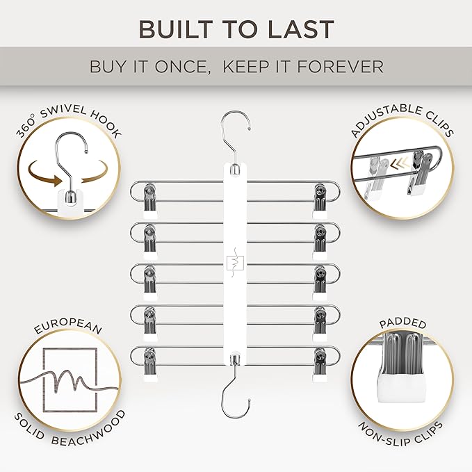 MORALVE Skirt Hangers Space Saving with Clips - 2 Pack - European Beechwood 5-Tier Hanger for Shorts, Skirts, and Pants - Closet Organizer and Storage Solution for Women with 360° Swivel Hook