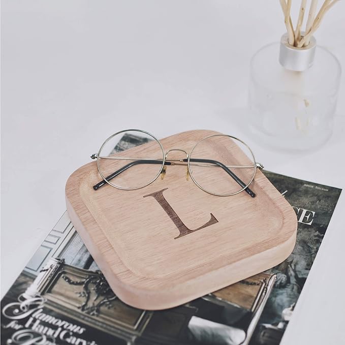 I'm Wooden Personalized Letter Catchall Valet Tray Trinket Dish Jewelry Tray Key Bowl Decorative Plate Organizing Ring Earrings Necklaces Bracelet Watch Coins Wallet Holder (6"x6" Sq Natural L)
