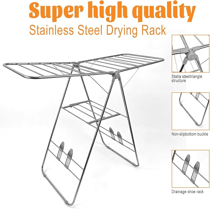 Clothes Drying Rack Foldable -Height Adjustable Laundry Drying Rack Large Space, Winged Laundry Rack with Sock Clips for Hanging Towels Clothes Dress Bedding Indoor Outdoor, Gray