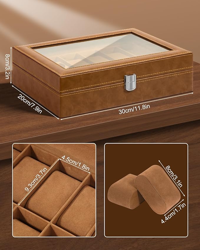 Uten 12-Slot Watch Box, PU Leather Watch Case with Glass Lid, Watch Holder Organizer with Soft Pillow and Velvet Lining, Watch and Jewelry Storage Box, Brown