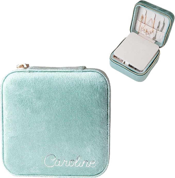 Customizable Compact Velvet Jewelry Box with Mirror, Travel Jewelry Case, Travel Jewelry Organizer, Jewelry Box for Women and Girls, Small Jewelry Organizer (Bottom Right Text, Mint Green)
