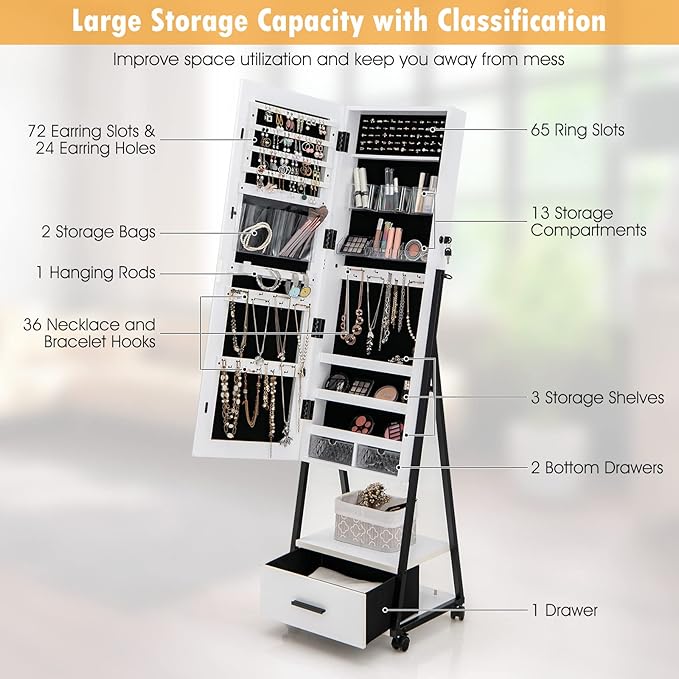 CHARMAID Rolling Jewelry Cabinet with Full Length Mirror, Lockable Standing Jewelry Armoire with Wheels, Steel Legs, Lipstick Brush Storage, Jewelry Organizer Box with Drawers (White)