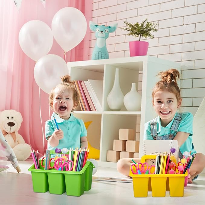 WILLBOND 12 Pcs Classroom Storage Caddies Stackable Utility Caddies with 4 Compartment Plastic Caddy with Handle Portable Storage Bins Organizers for Kids Schools Art Craft Supplies(Colorful)