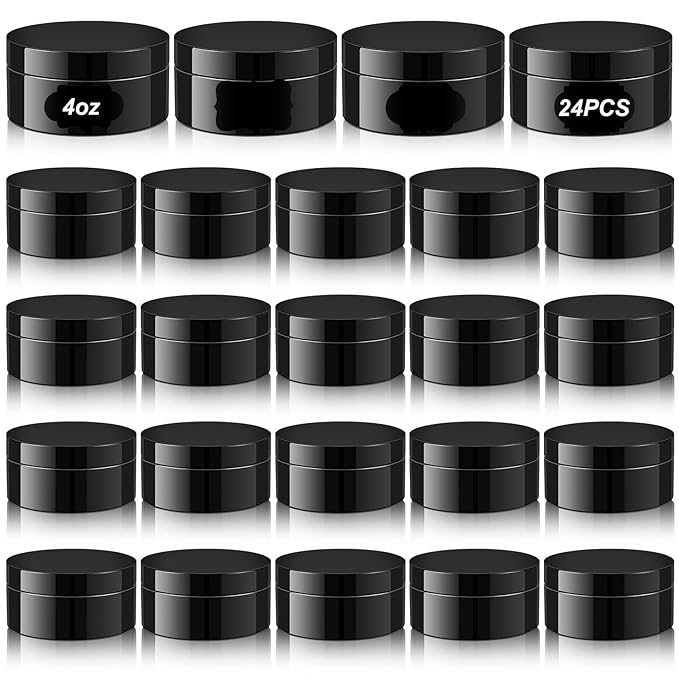 Dandat 24 Pcs 4 oz Plastic Jar Container with Lid and Label Refillable Empty Round Black Pet Cosmetic Sample Slime Containers for Lotion, Cream, Ointments, Body Butter, Makeup, Travel Storage