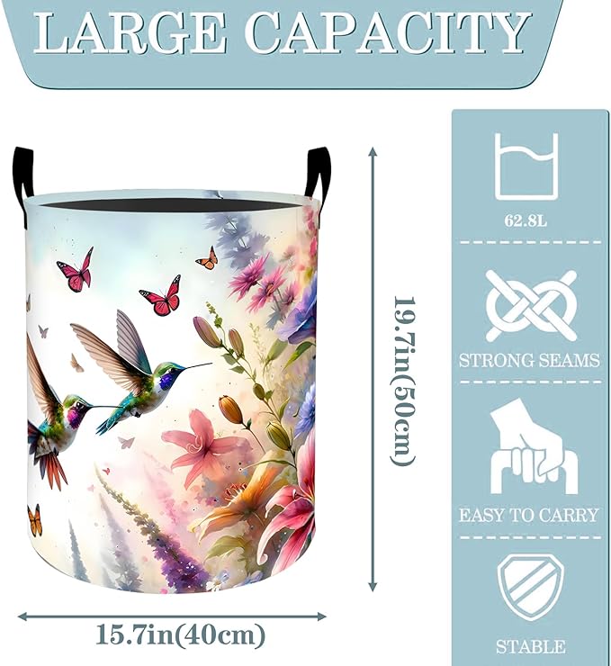 Floral Hummingbird Butterfly Laundry Basket, Dirty Collapsible Clothes Toy Organizer Hamper for Kids Adults, Oxford Cloth Waterproof Storage Bin for Bathroom Home Decor Gifts, 19.7"X15.7"