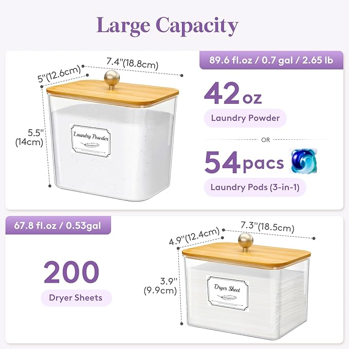 Lifewit Large Laundry Pods Container& Dryer Sheet Holder, Plastic Detergent Dispenser, Laundry Room Organization Storage Jars for Powder, Soap, Scent Booster Beads,Bamboo Lid,0.53+0.7 gal,2 Pcs