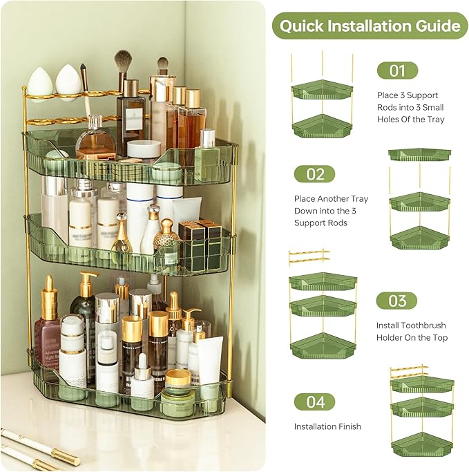 Corner Bathroom Counter Organizer with Makeup Brush Holder & Toothbrush Holders, Makeup Organizer for Vanity Countertop, Acrylic Skincare Storage Shelf (Green, 3-Tier)