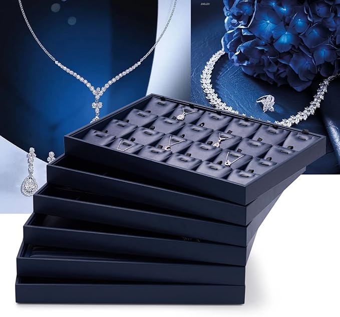 Oirlv Stackable Necklace Pendant Bracelet Organizer Tray Blue Leather Jewelry Drawer Organizer Trays