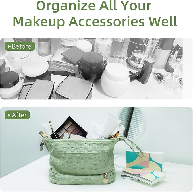 Abiudeng Large Capacity Makeup Bag Ladies Cosmetic Bag Travel Bag with Compartments Portable PU Leather Travel Makeup Bag with Handle